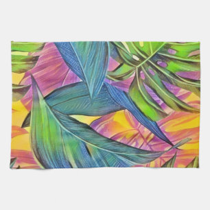 Colourful large tropical leaves watercolor paintin tea towel