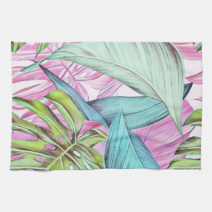 Colourful large tropical leaves watercolor paintin tea towel
