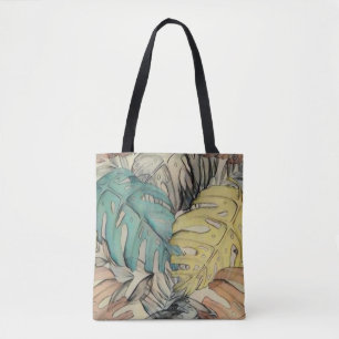 Colourful large tropical leaves watercolor paintin tote bag