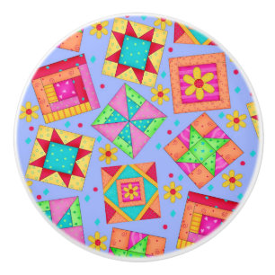 Colourful Lavender Quilt Patchwork Block Art Ceramic Knob