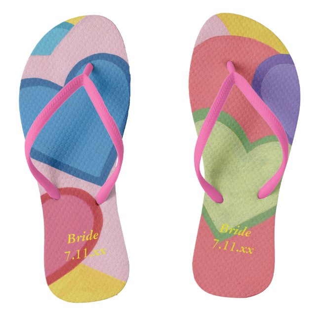 Colourful Layered Hearts Bride Wedding Flip Flops (Footbed)