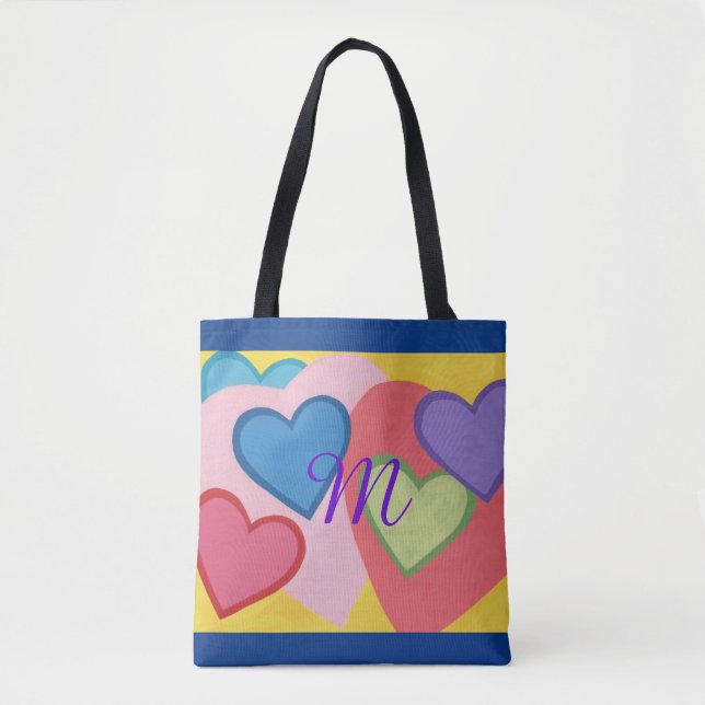 Colourful Layered Hearts Monogram Tote Bags (Front)