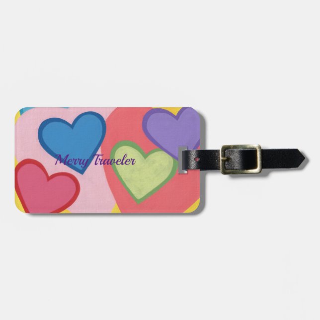 Colourful Layered Hearts Personalised Luggage Tags (Front Horizontal)