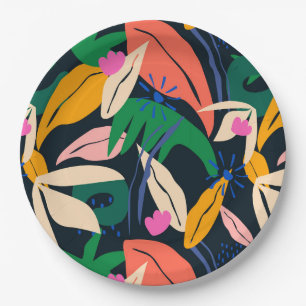 Colourful leaf pattern, vibrant paper plate