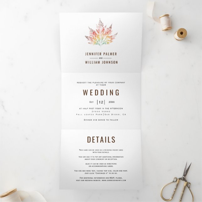 Colourful leaf print brown fall wedding Tri-Fold invitation (Inside)