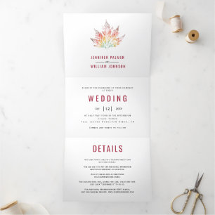 Colourful leaf print burgundy red fall wedding Tri-Fold invitation