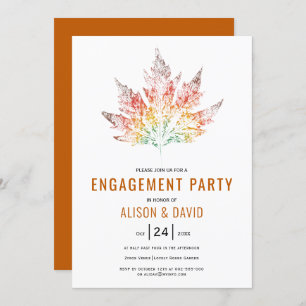 Colourful leaf print burnt orange engagment party invitation