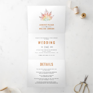 Colourful leaf print burnt orange fall wedding Tri-Fold invitation