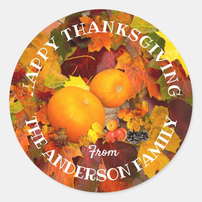 Colourful leaves and pumpkins, Happy Thanksgiving Classic Round Sticker (Front)