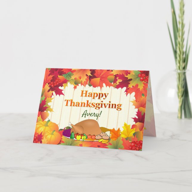 Colourful Leaves and Roast Turkey Thanksgiving Holiday Card (Front)