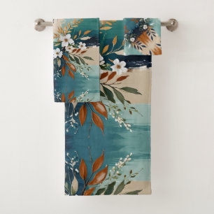 Colourful Leaves Floral Abstract Teal Blue Rust Ta Bath Towel Set