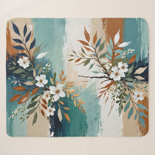 Colourful Leaves Floral Abstract Teal Blue Rust Ta Sherpa Blanket