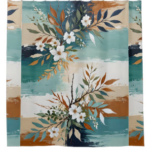 Colourful Leaves Floral Abstract Teal Blue Rust Ta Shower Curtain