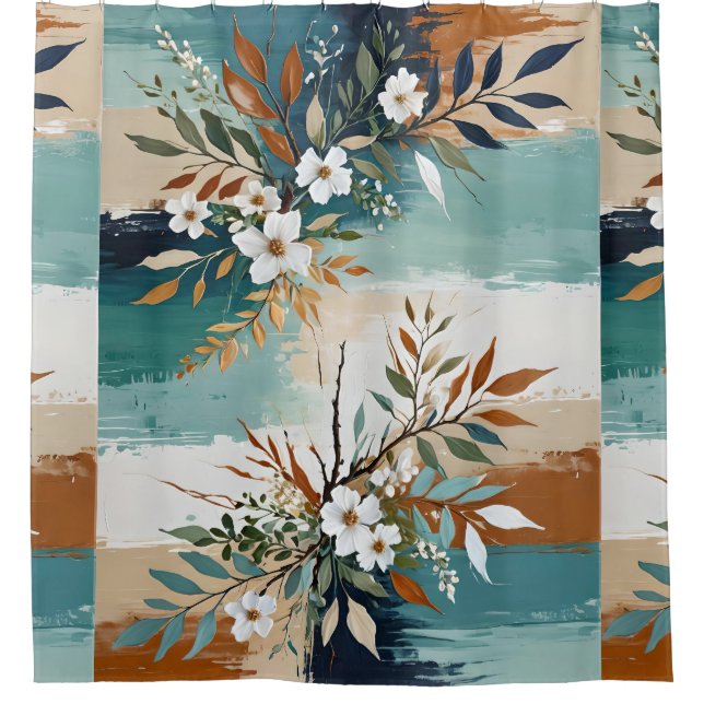 Colourful Leaves Floral Abstract Teal Blue Rust Ta Shower Curtain (Front)