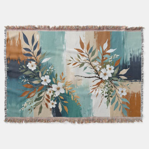 Colourful Leaves Floral Abstract Teal Blue Rust Ta Throw Blanket