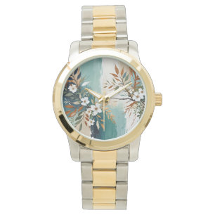 Colourful Leaves Floral Abstract Teal Blue Rust Ta Watch