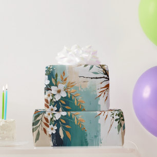 Colourful Leaves Floral Abstract Teal Blue Rust Ta Wrapping Paper