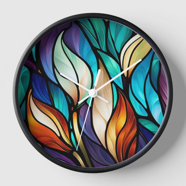 Colourful leaves in Stained Glass Look Clock (Front)