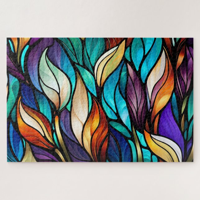 Colourful leaves in Stained Glass Look Jigsaw Puzzle (Horizontal)