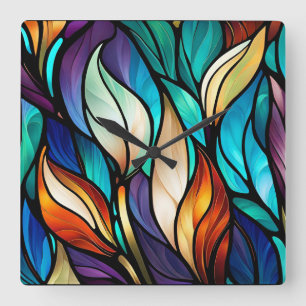 Colourful leaves in Stained Glass Look Square Wall Clock