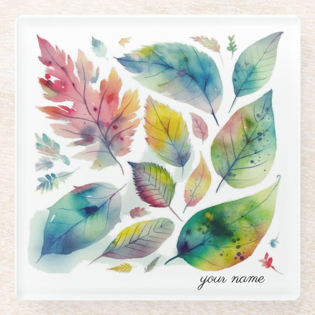 Colourful leaves in watercolor Coaster (Front)