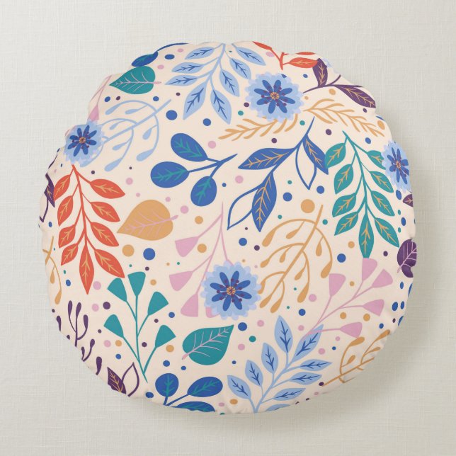 Colourful Leaves Modern Foliage Pattern Round Cushion (Front)