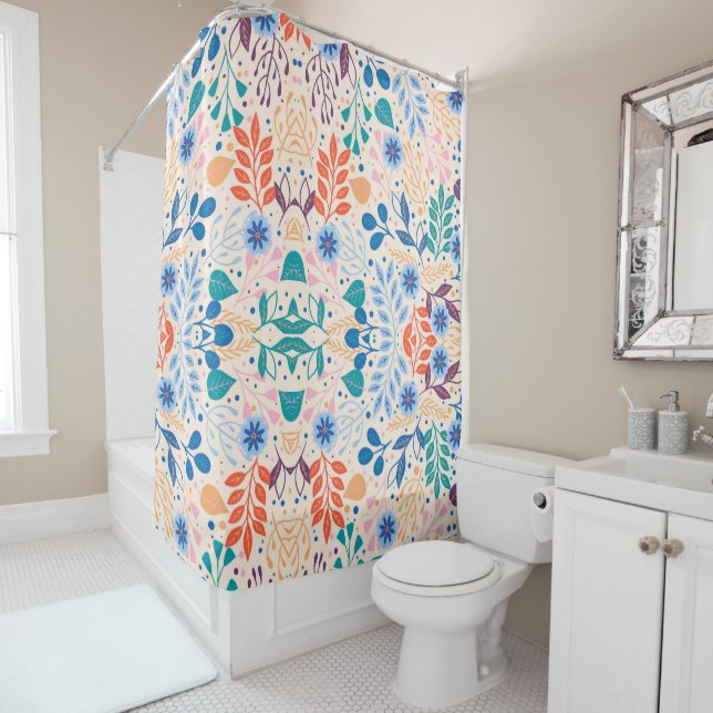 Colourful Leaves Modern Foliage Pattern Shower Curtain (In Situ)
