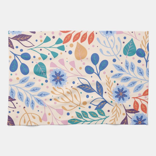 Colourful Leaves Modern Foliage Pattern Tea Towel (Horizontal)