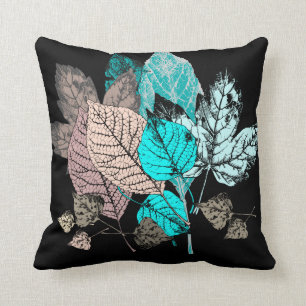 Colourful Leaves on Black, Aqua/Mauve/Earthtones Cushion