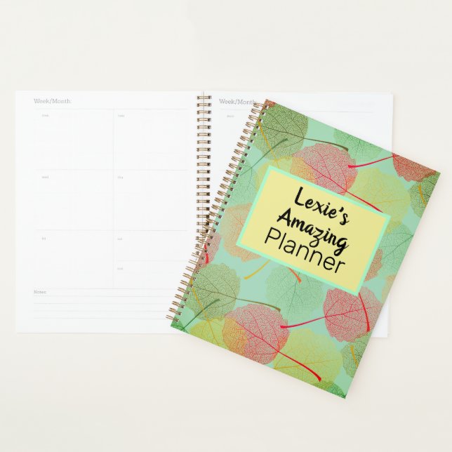 Colourful leaves on Green Personalised Spiral Plan Planner (Display)