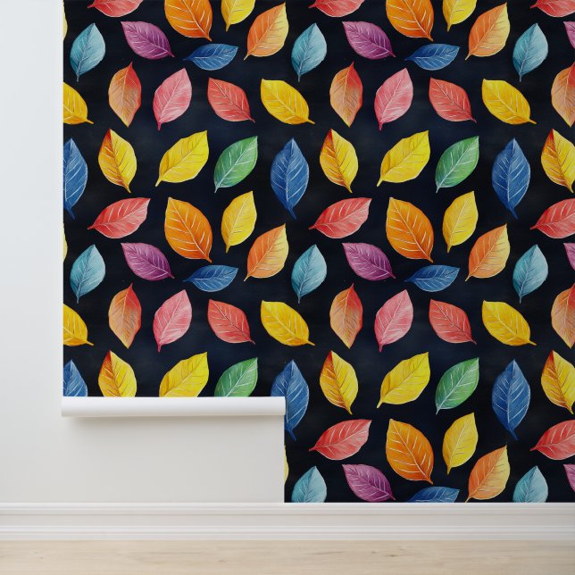 Colourful Leaves Pattern Chalk Drawings Black Bckg Wallpaper (Application)