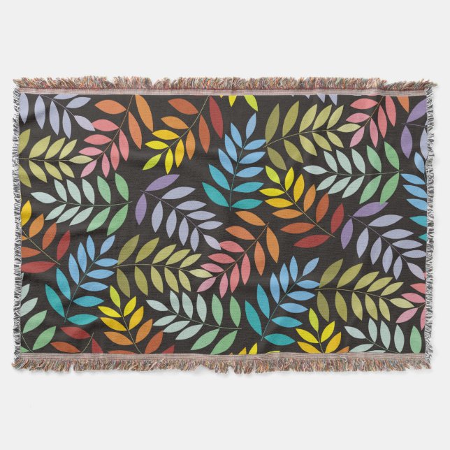 Colourful leaves pattern in rainbow colours custom throw blanket (Front)