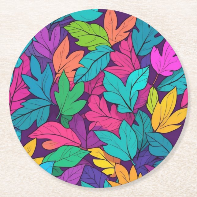 Colourful Leaves Vibrant Fall Design Round Paper Coaster (Front)