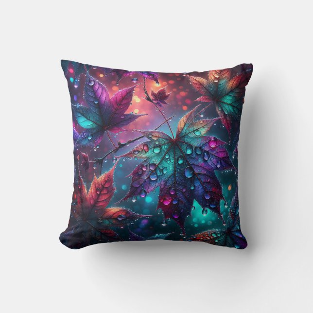“Colourful Leaves with Raindrops" Cushion (Front)