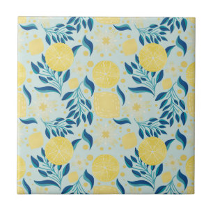 Colourful Lemon Blue Botanical Pattern Tile