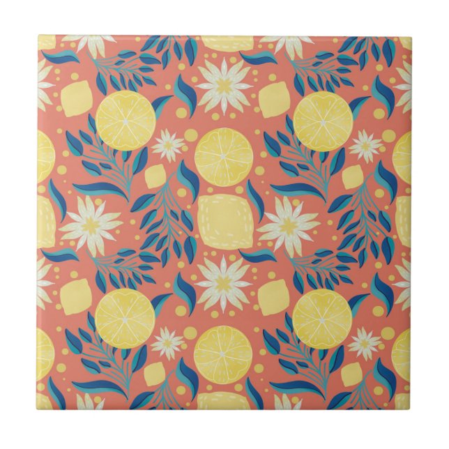 Colourful Lemon Coral Botanical Pattern Tile (Front)