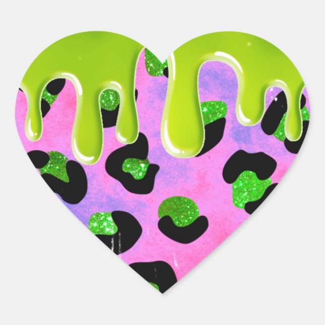 Colourful Leopard Green Slime 00th Birthday Party Heart Sticker (Front)