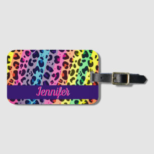 Colourful leopard spots with name rainbow luggage tag
