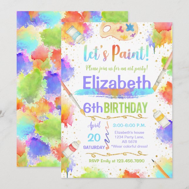 Colourful Let's Paint Art Birthday Party Invitation (Front/Back)
