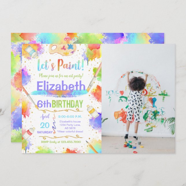 Colourful Let's Paint Art Birthday Party Photo Invitation (Front/Back)