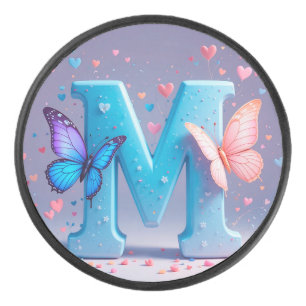 Colourful Letter M with Butterflies Hockey Puck