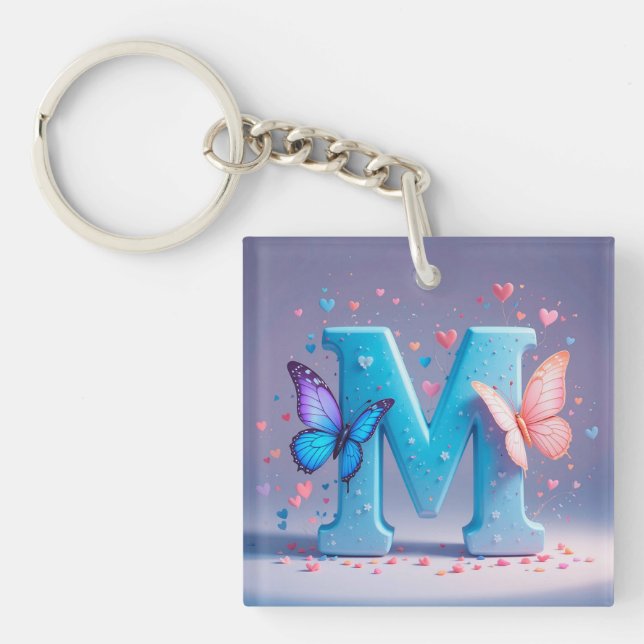 Colourful Letter M with Butterflies Key Ring (Front)