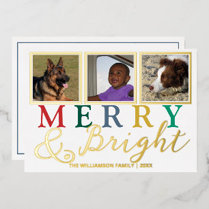 Colourful Letters 3 Photo Chic Merry Bright Gold Foil Holiday Card