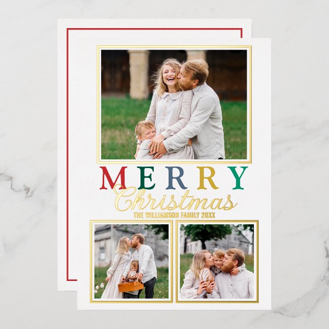 Colourful Letters 3 Photo Chic Merry Christmas Gol Foil Holiday Card (Front/Back)
