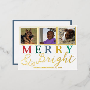 Colourful Letters 3 Photo Merry Bright Chic Gold Foil Holiday Postcard