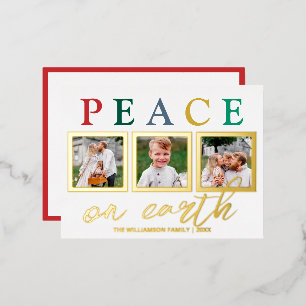Colourful Letters 3 Photo Peace On Earth Chic Gold Foil Holiday Postcard