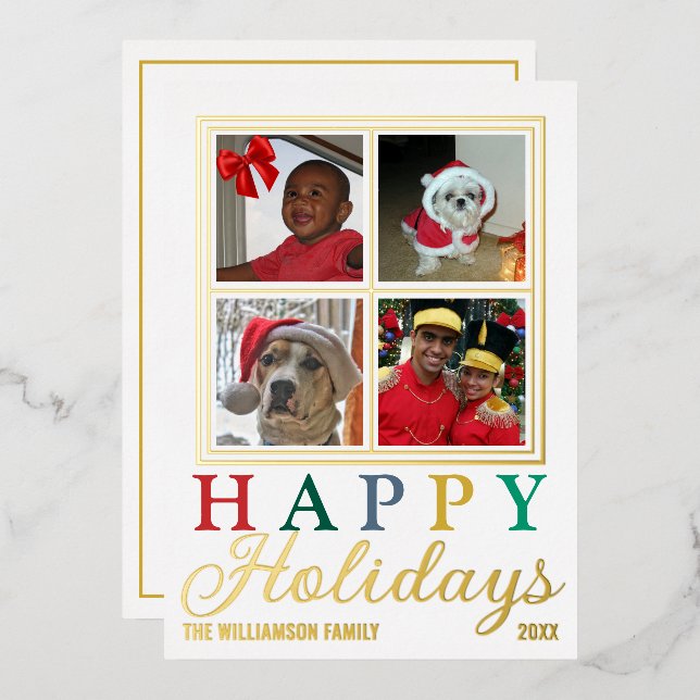 Colourful Letters 4 Photo Chic Happy Holidays Gold Foil Holiday Card (Front/Back)