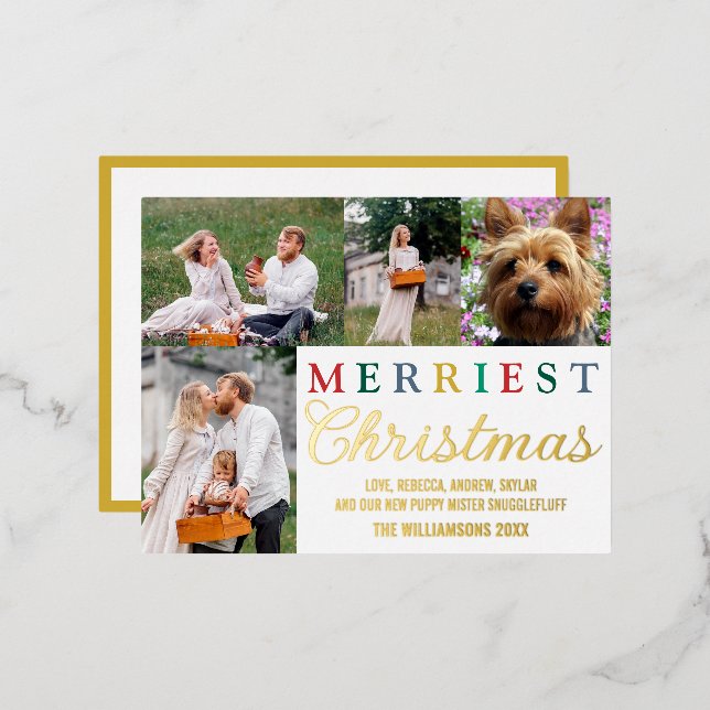 Colourful Letters 4 Photo Merriest Christmas Gold Foil Holiday Postcard (Front/Back)