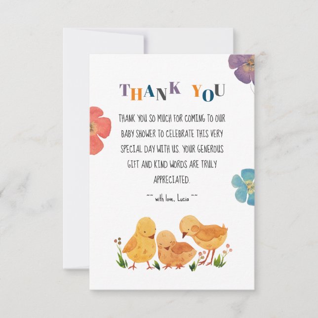 Colourful Letters Cute Chicken Family Baby Shower Thank You Card (Front)