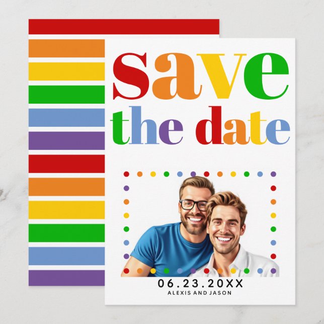 Colourful letters, dots and stripes gay photo save the date (Front/Back)